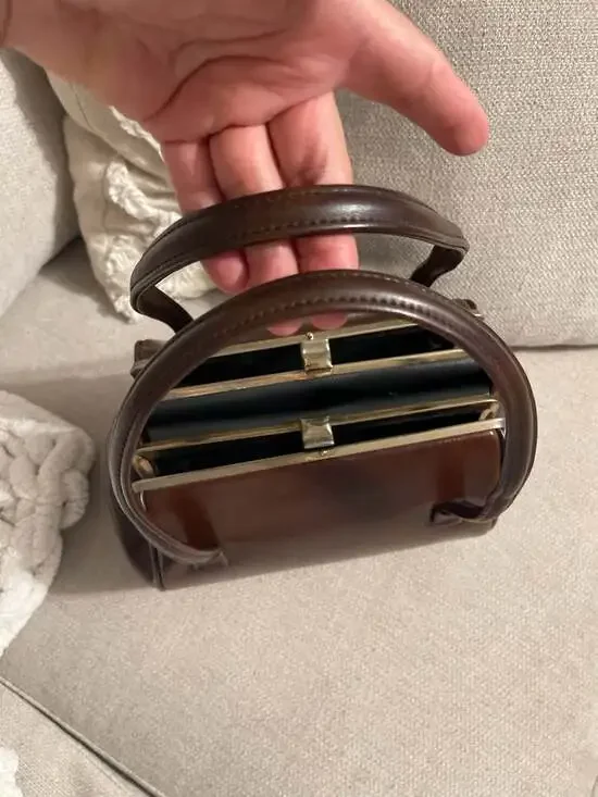 Vintage 1950s Ackery Brown Leather Triple Compartment Frame Handbag - Picture 9 of 9